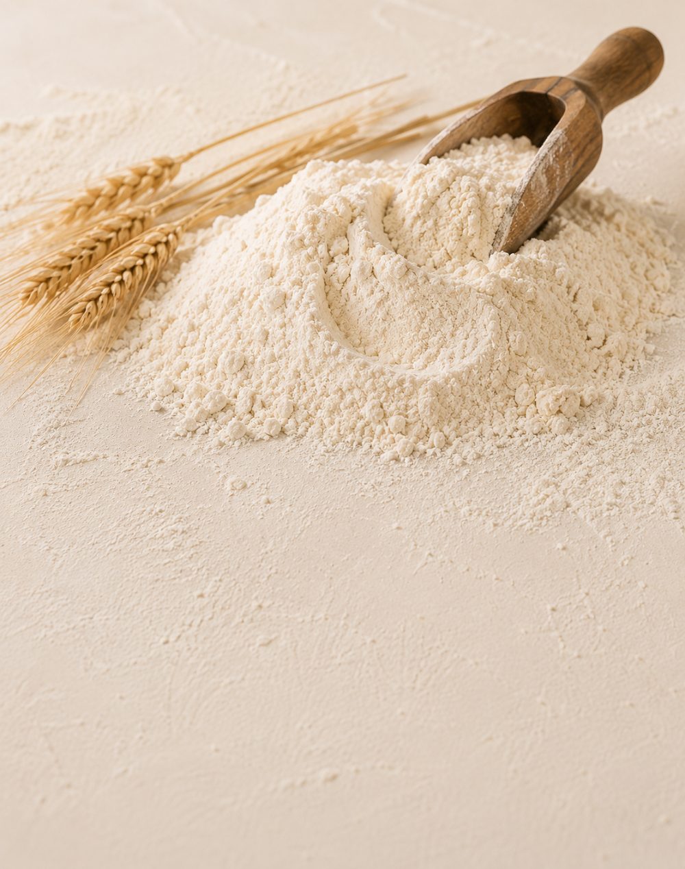 Mound of milled flour with a wooden scoop and wheat on dark stone